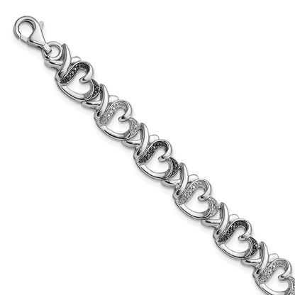 Sterling Silver White Night Rhodium-Plated Black And Diamond Heart 7.5 Inch Bracelet