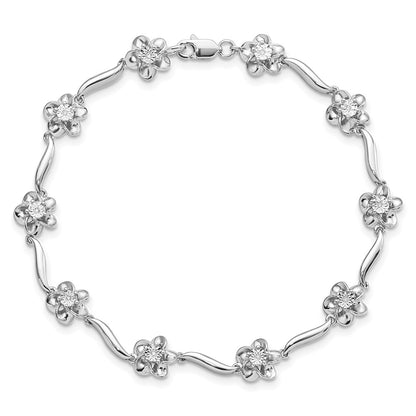 7.5 Inch Sterling Silver Rhodium-Plated Floral Diamond Bracelet