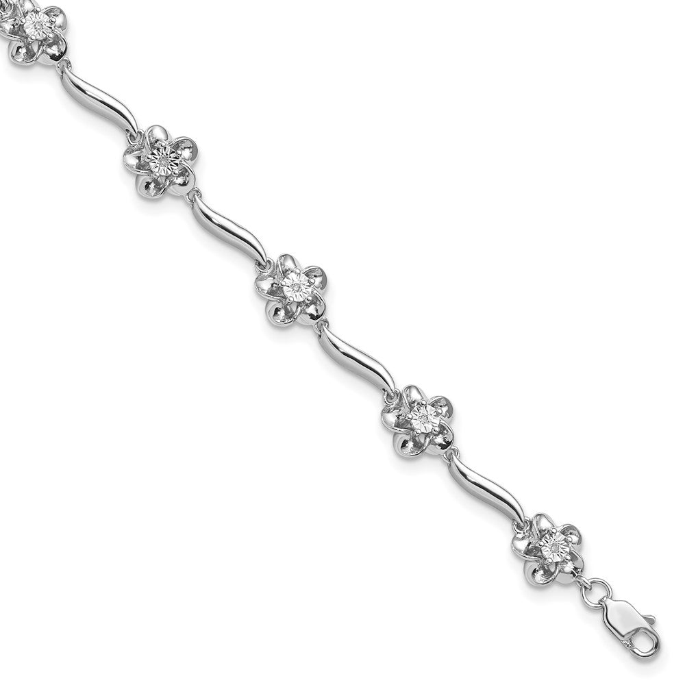 7.5 Inch Sterling Silver Rhodium-Plated Floral Diamond Bracelet