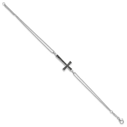 6.5 Inch Sterling Silver Rhod 0.1Ct. Blk & Wht Dia. Rvsble Cross 2 Strand Bracelet