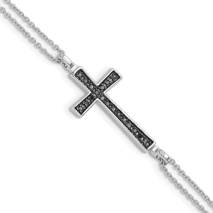6.5 Inch Sterling Silver Rhod 0.1Ct. Blk & Wht Dia. Rvsble Cross 2 Strand Bracelet