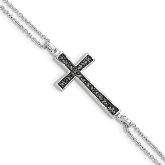 6.5 Inch Sterling Silver Rhod 0.1Ct. Blk & Wht Dia. Rvsble Cross 2 Strand Bracelet