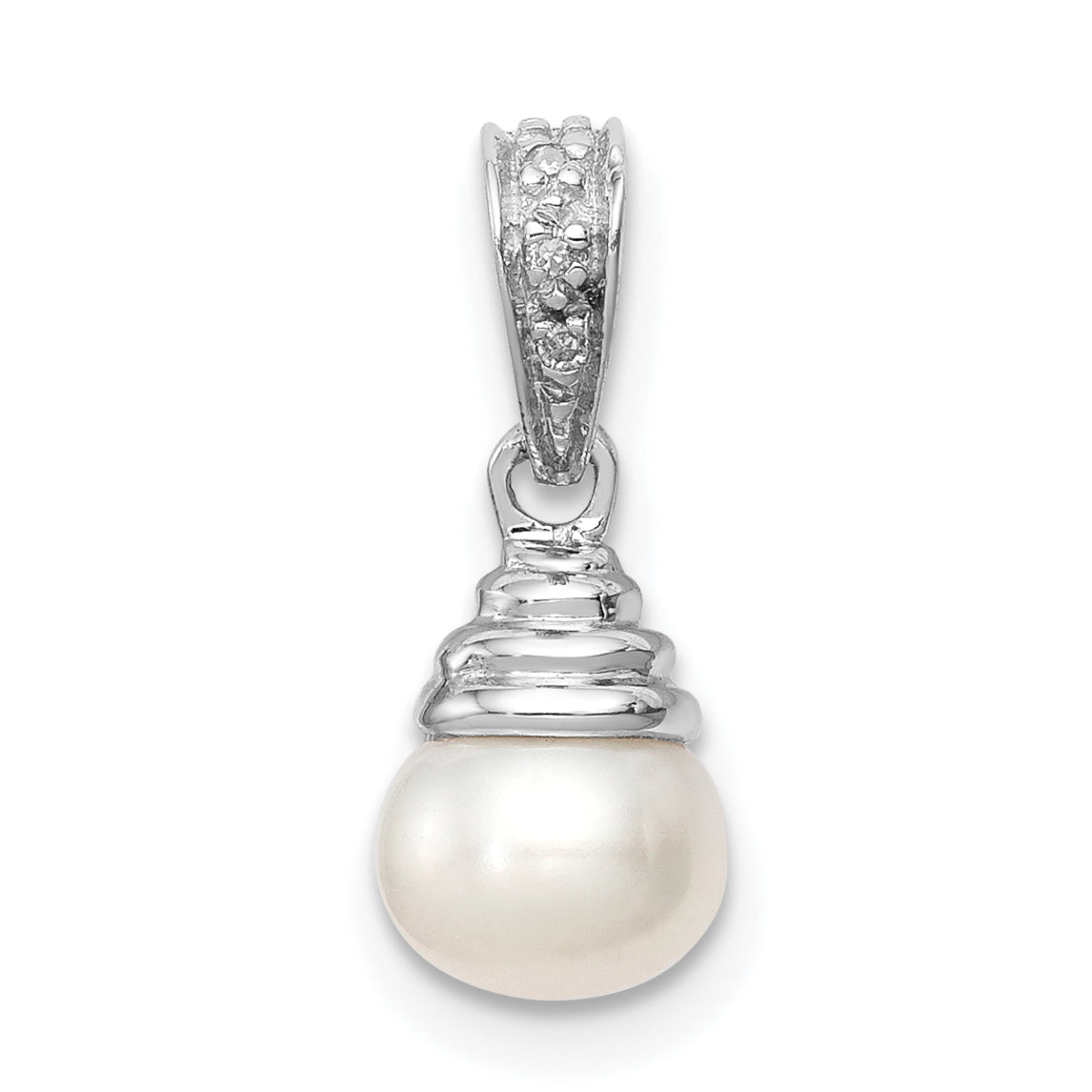 Sterling Silver Rhodium 5-6mm Fw Cultured Pearl & Diamond Pendant