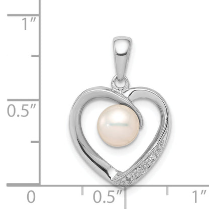Sterling Silver Rhodium 6mm Fw Cultured Pearl & Diamond Heart Pendant