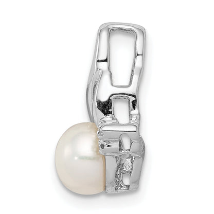 Sterling Silver Rhodium 6mm Fw Cultured Pearl & Diamond Chain Slide