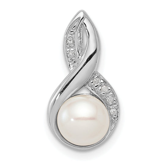 Sterling Silver Rhodium 6mm Fw Cultured Pearl & Diamond Chain Slide