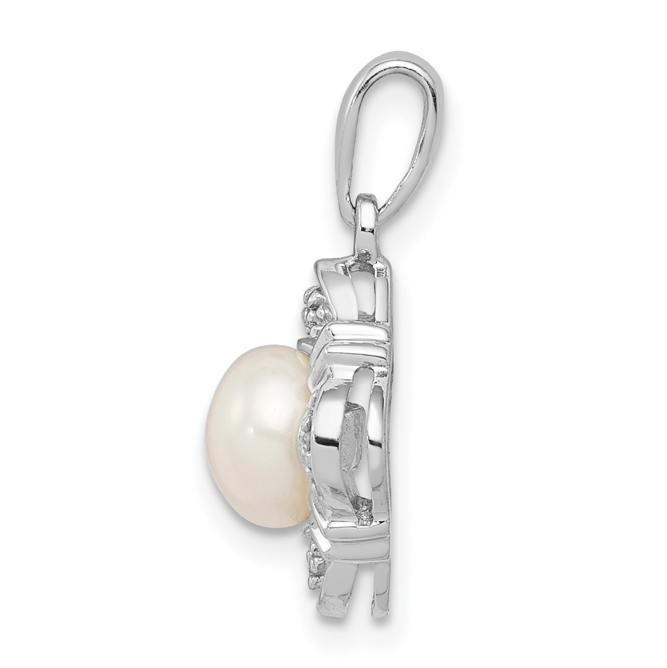Sterling Silver Rhodium Fw Cultured Pearl & Diamond Pendant