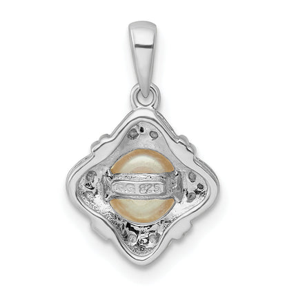 Sterling Silver Rhodium Fw Cultured Pearl & Diamond Pendant