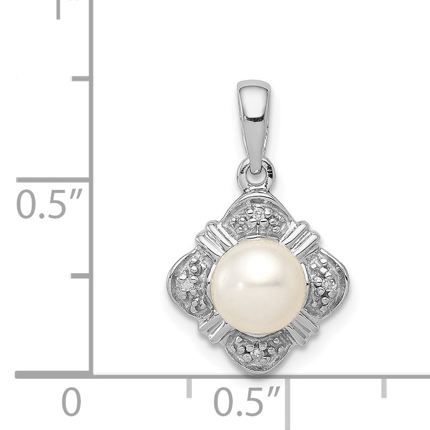 Sterling Silver Rhodium Fw Cultured Pearl & Diamond Pendant