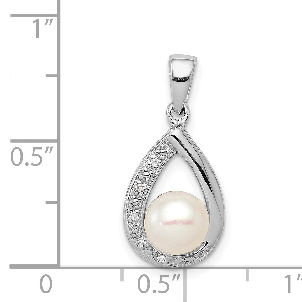 Sterling Silver Rhodium Fw Cultured Pearl & Diamond Pendant