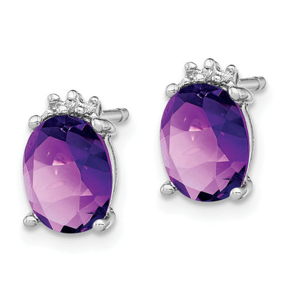 Sterling Silver Rhodium Plated Oval Amethyst And Diamond Post Earrings