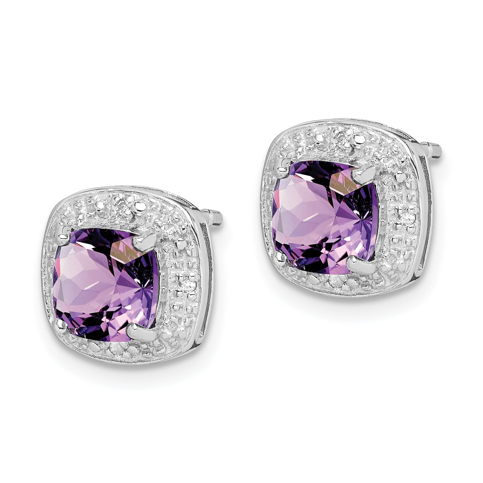 Sterling Silver Rhodium Plated Amethyst And Diamond Post Earrings