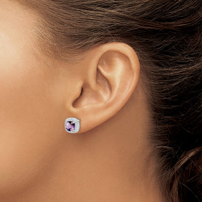 Sterling Silver Rhodium Plated Amethyst And Diamond Post Earrings