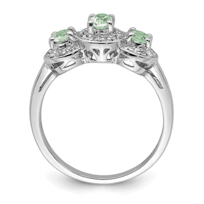 Sterling Silver Rhodium 3 Stone Green Quartz & Diamond Ring