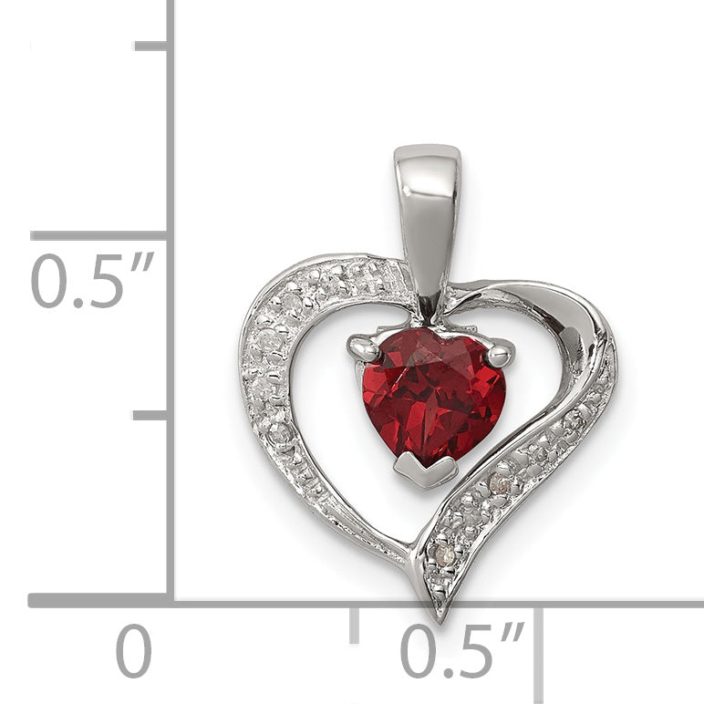 Sterling Silver Rhodium Heart Garnet & Diamond Pendant