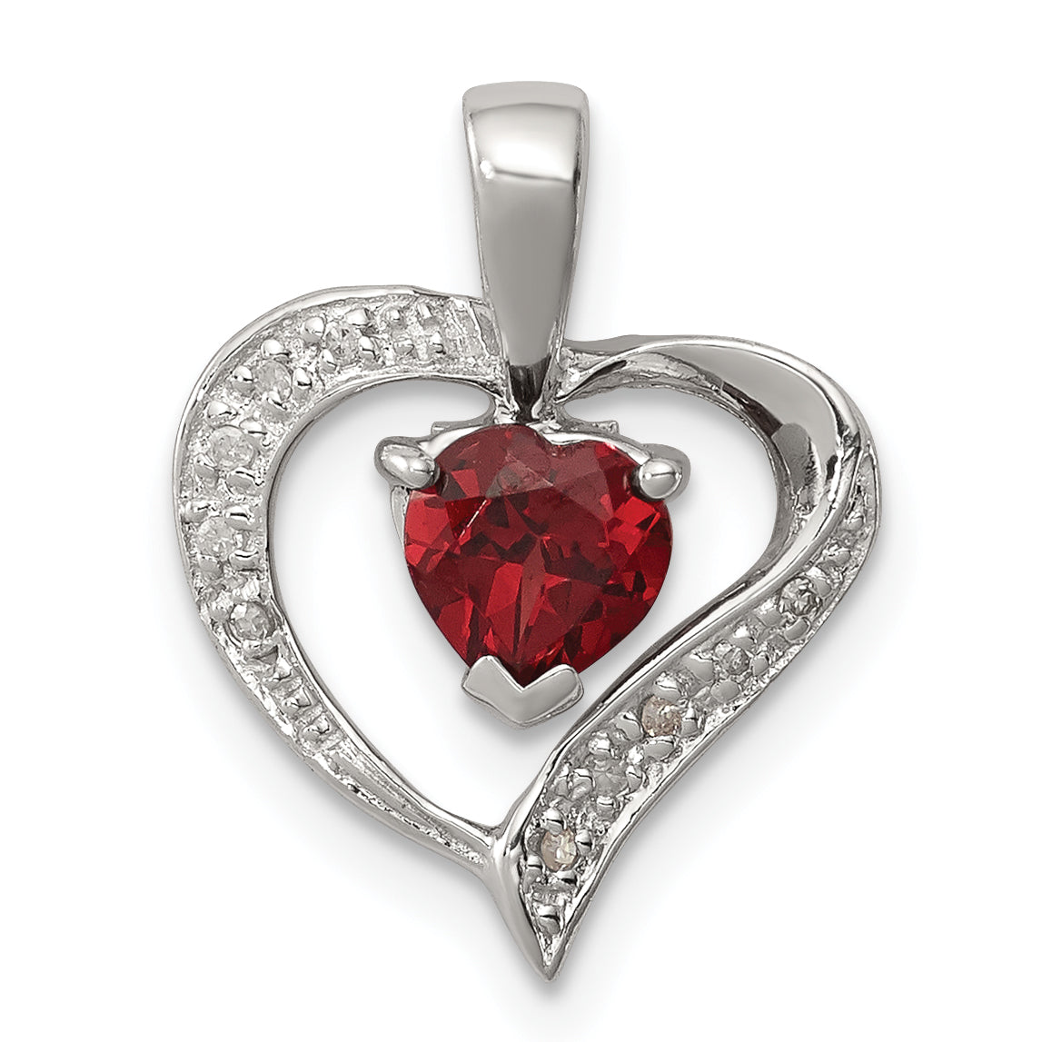Sterling Silver Rhodium Heart Garnet & Diamond Pendant