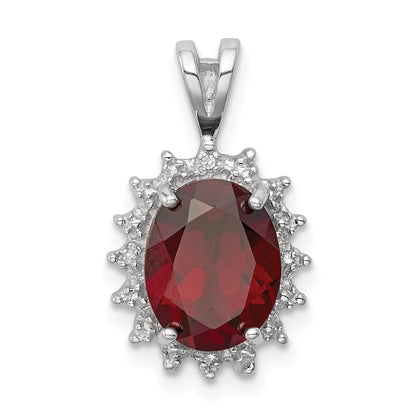 Sterling Silver Rhodium Garnet & Diamond Pendant