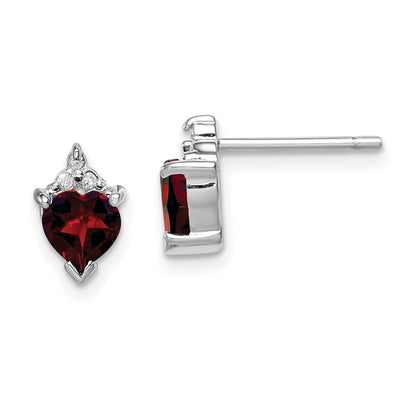 Sterling Silver Rhodium Plated Heart Garnet And Diamond Post Earrings