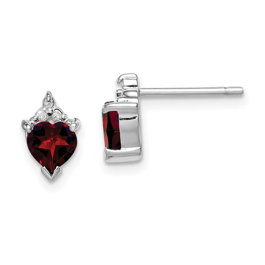 Sterling Silver Rhodium Plated Heart Garnet And Diamond Post Earrings