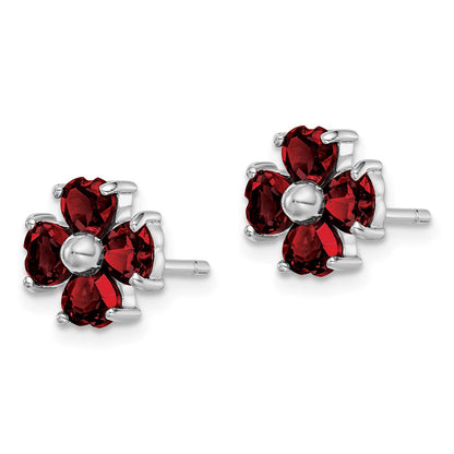 Sterling Silver Rhodium Plated Garnet Flower Post Earrings