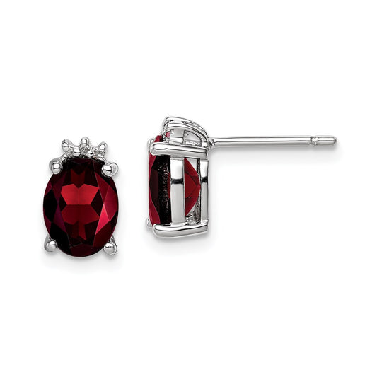 Sterling Silver Rhodium Plated Oval Garnet And Diamond Post Earrings