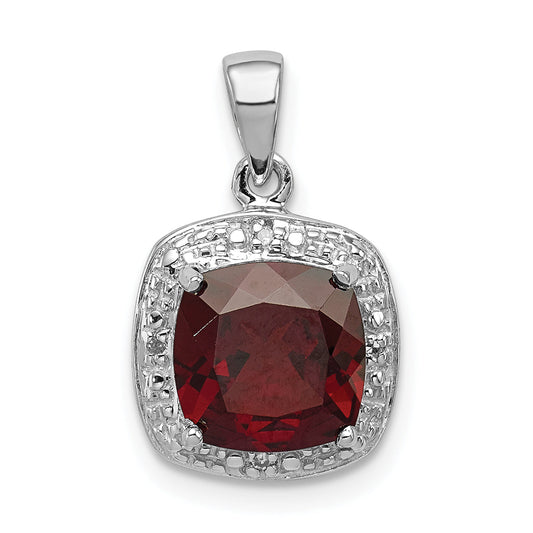 Sterling Silver Rhodium Garnet & Diamond Pendant