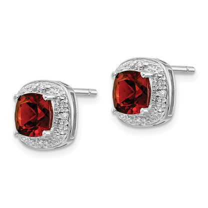 Sterling Silver Rhodium Plated Garnet And Diamond Post Earrings