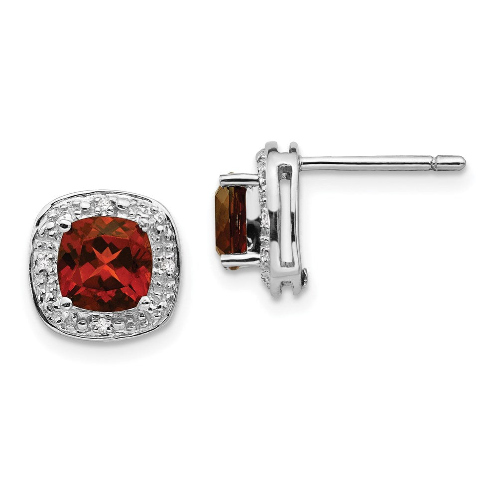 Sterling Silver Rhodium Plated Garnet And Diamond Post Earrings
