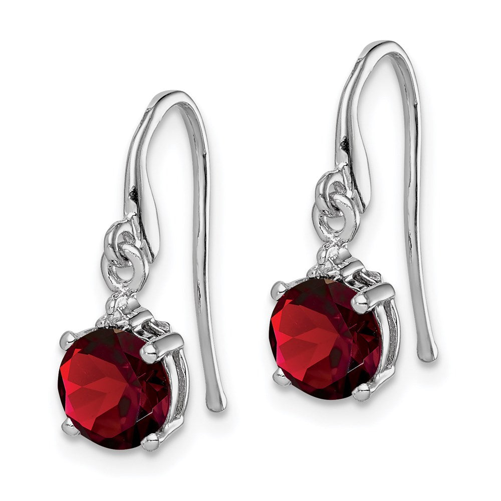 Sterling Silver Rhodium Plated Round Garnet And Diamond Wire Earrings