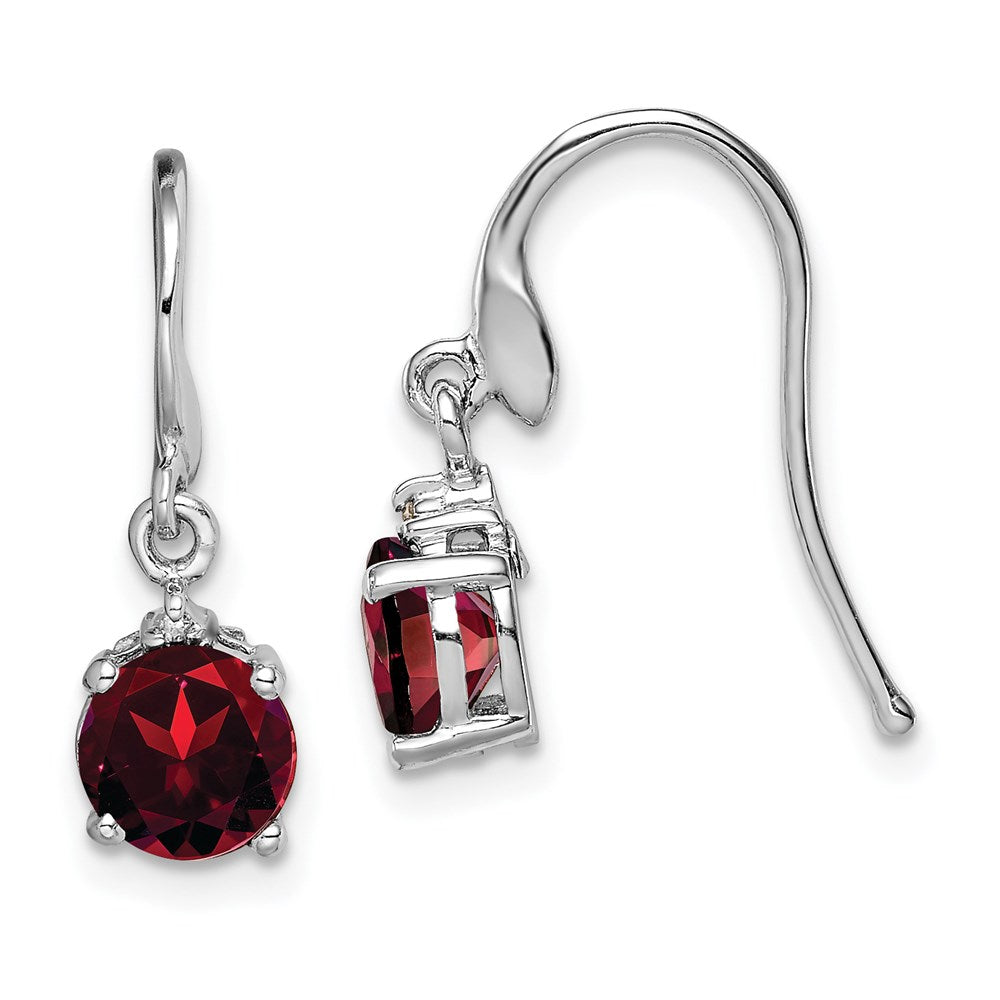 Sterling Silver Rhodium Plated Round Garnet And Diamond Wire Earrings