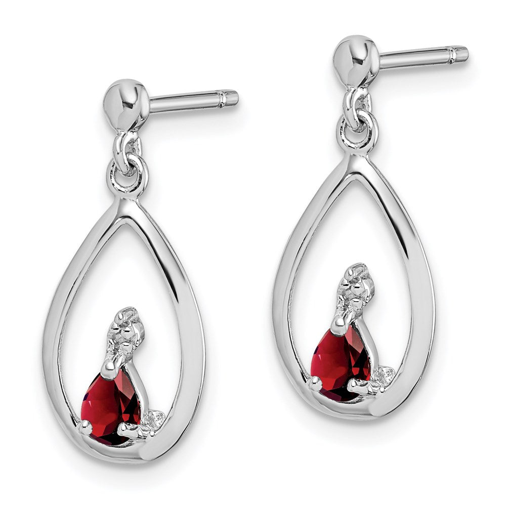 Sterling Silver Rhodium Plated Garnet And Diamond Post Earrings
