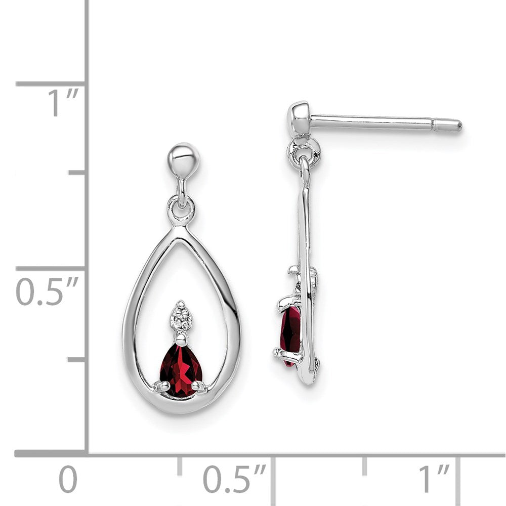 Sterling Silver Rhodium Plated Garnet And Diamond Post Earrings
