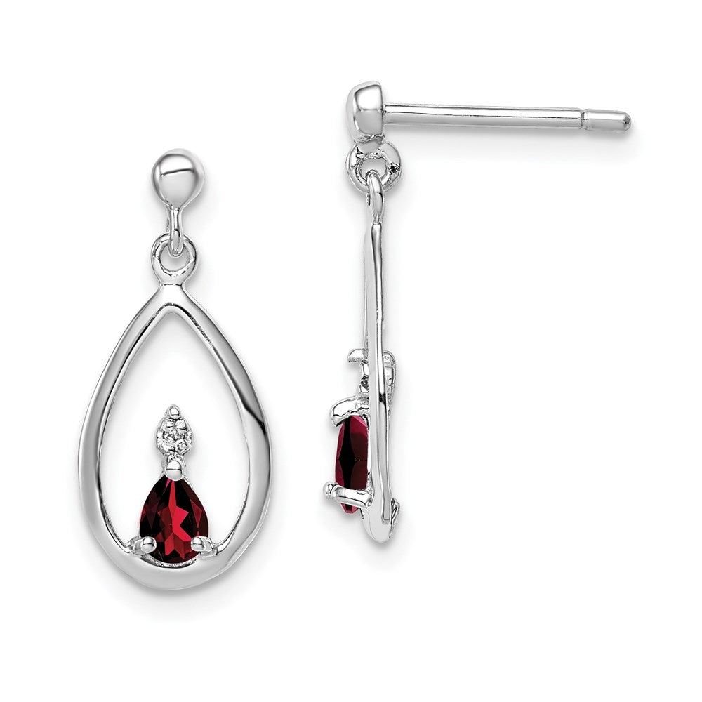 Sterling Silver Rhodium Plated Garnet And Diamond Post Earrings