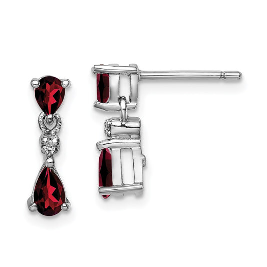 Sterling Silver Rhodium Pear Garnet And Diamond Post Earrings