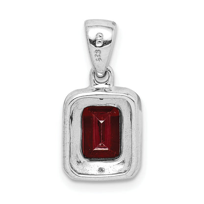 Sterling Silver Rhodium Emerald-Cut Garnet & Diamond Pendant