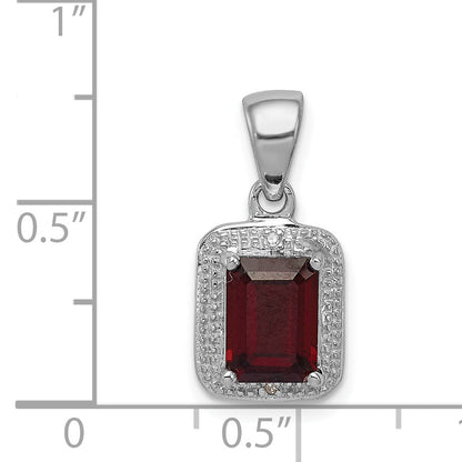 Sterling Silver Rhodium Emerald-Cut Garnet & Diamond Pendant