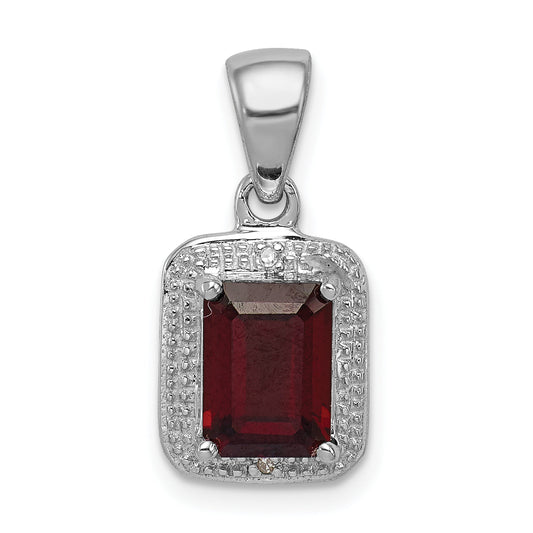 Sterling Silver Rhodium Emerald-Cut Garnet & Diamond Pendant