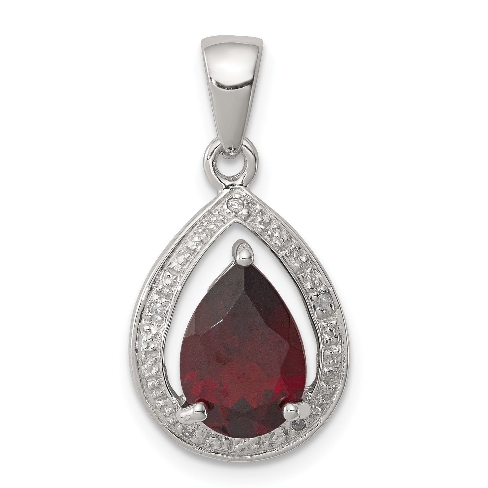 Sterling Silver Rhodium Garnet & Diamond Pendant