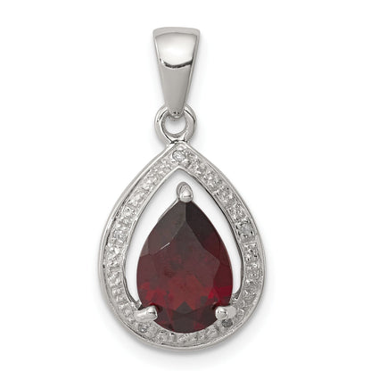 Sterling Silver Rhodium Garnet & Diamond Pendant