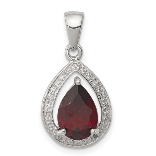 Sterling Silver Rhodium Garnet & Diamond Pendant