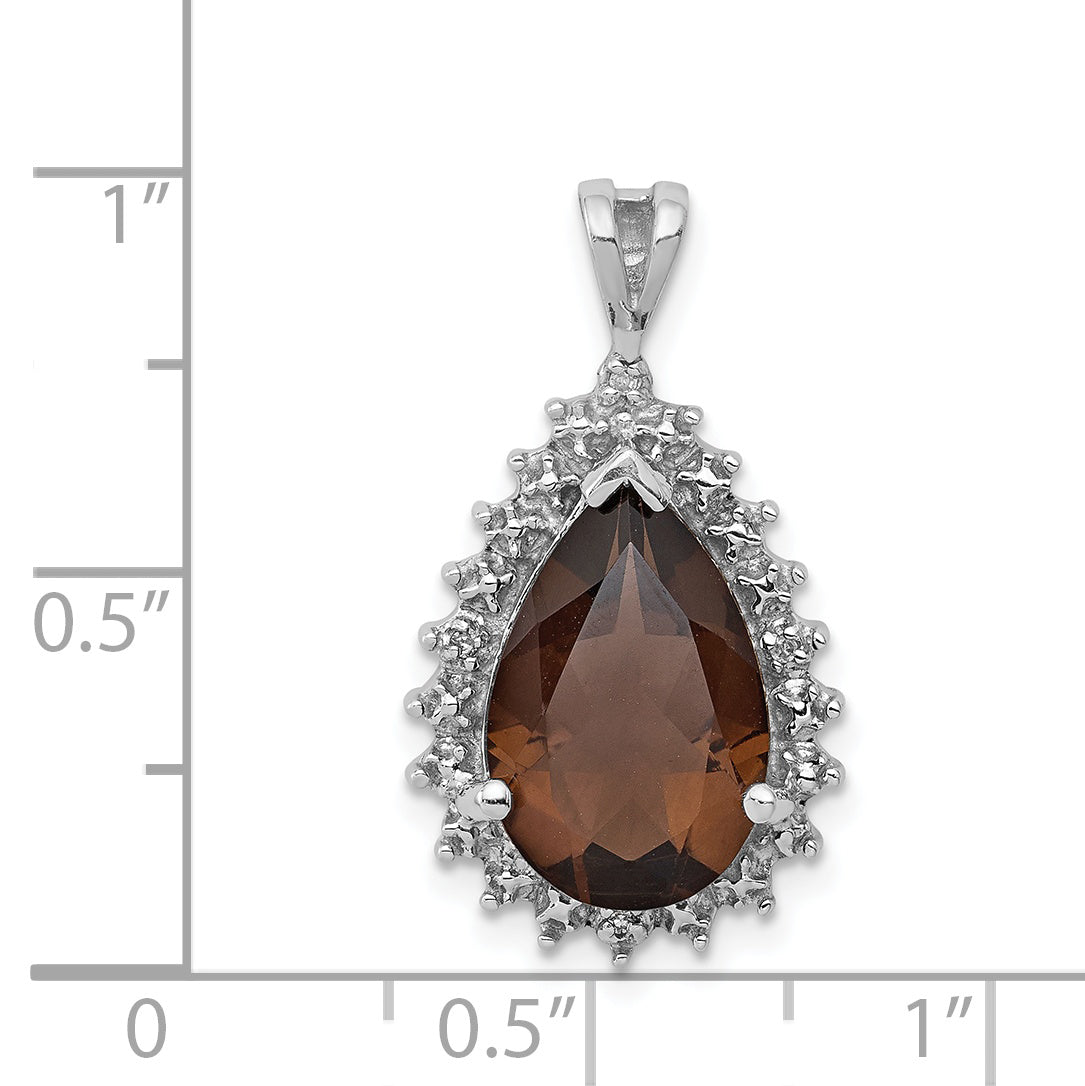 Sterling Silver Rhodium Plated Smoky Quartz And Diamond Pear Pendant