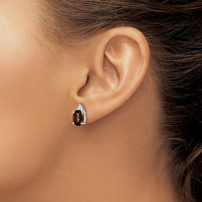Sterling Silver Rhodium Plated Smoky Quartz And Diamond Post Earrings