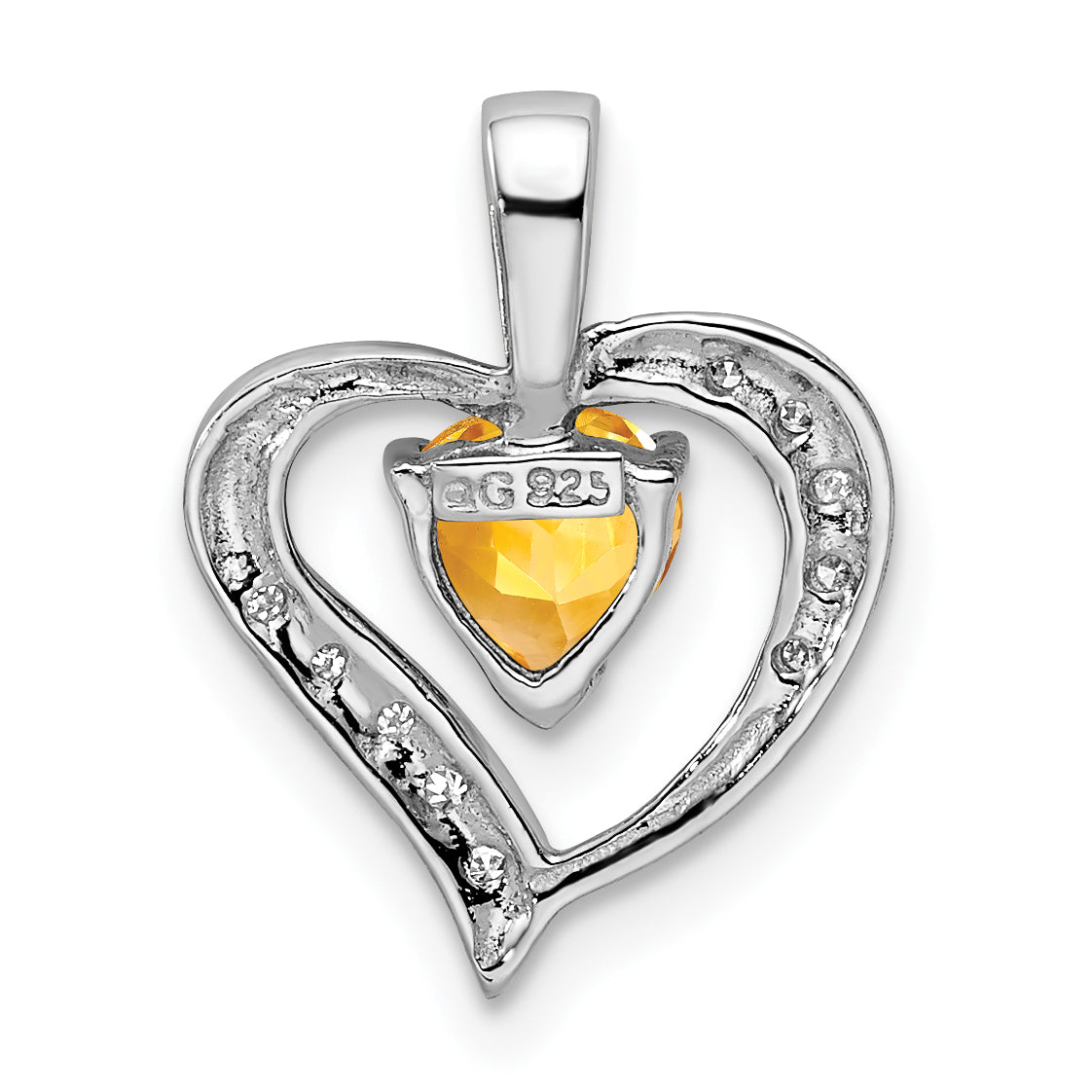 Sterling Silver Rhodium Heart Citrine & Diamond Pendant