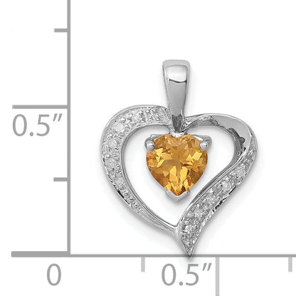 Sterling Silver Rhodium Heart Citrine & Diamond Pendant