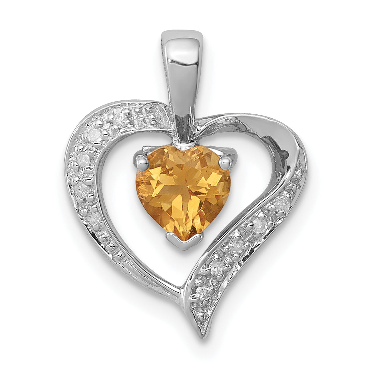 Sterling Silver Rhodium Heart Citrine & Diamond Pendant