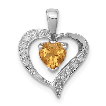 Sterling Silver Rhodium Heart Citrine & Diamond Pendant
