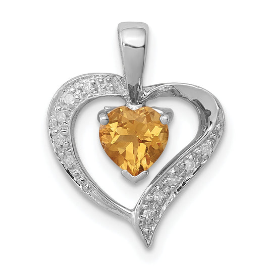 Sterling Silver Rhodium Heart Citrine & Diamond Pendant