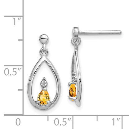 Sterling Silver Rhodium Plated Pear Citrine And Diamond Post Earrings