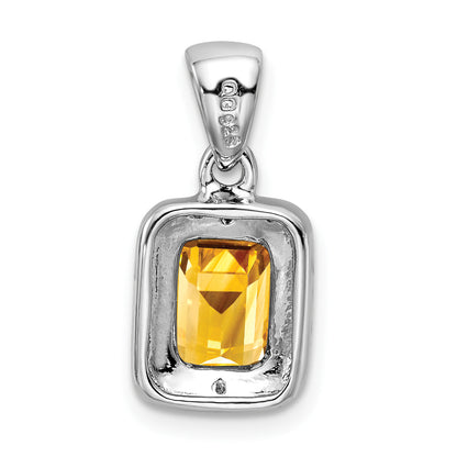Sterling Silver Rhodium Emerald-Cut Citrine & Diamond Pendant