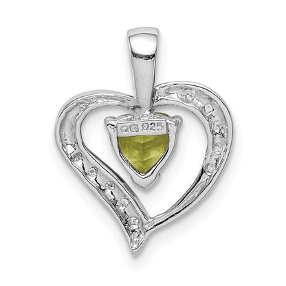 Sterling Silver Rhodium Plated Peridot And Diamond Heart Pendant